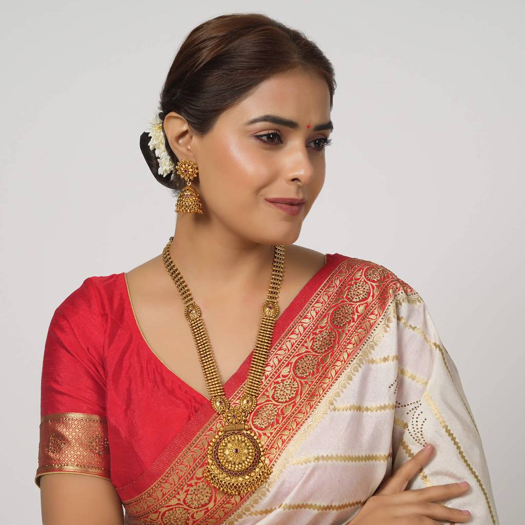 Stunning Antique Gold Finish Long Floral Ruby Stone Necklace Set With Jhumka Earring : SJ023