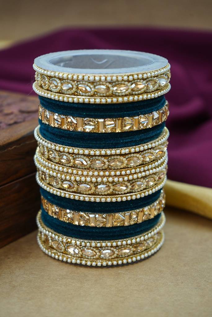 Premium Velvet Bangles Set – Wedding & Party Wear : HJ-28-24-PEACOCK
