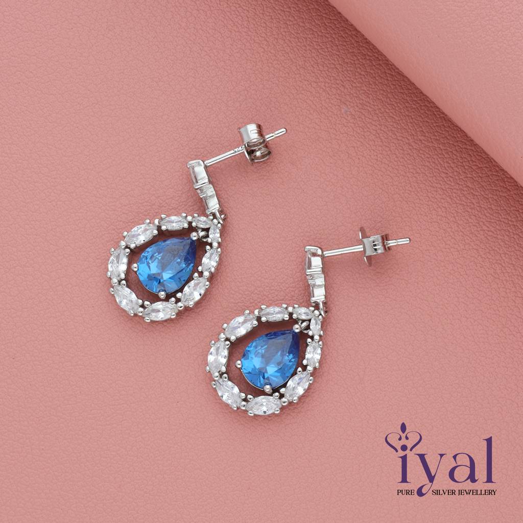 Sparkling Blue Stone Silver Drop Earrings : ED-8
