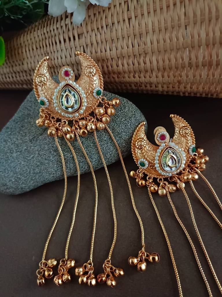 Gold Plated Pachi Kundan & Ghungaroo Bedded Kashmiri Crescent Shaped Drop Earrings : VS105313