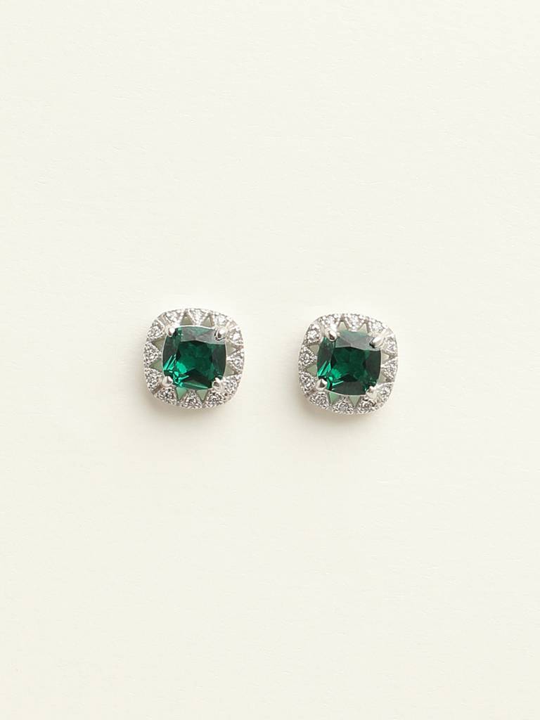 92.5 Sterling Silver Rhodium Plated Swiss Zirconia Dark Green Cushion Stud Earrings With Screw Back Gift For Wo : CSCLRE2CU_EM