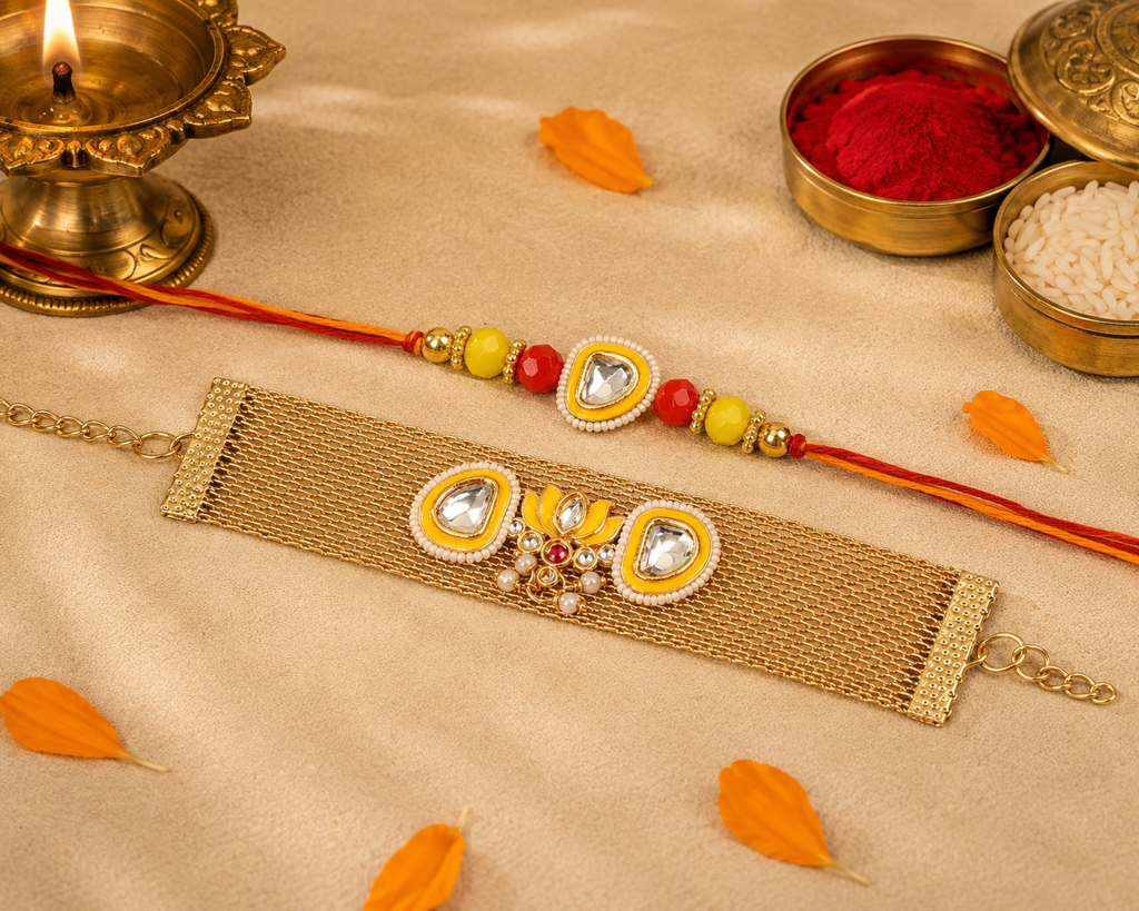 Yellow Meenakari Kundan Gold Mesh Cuff & Thread Rakhi Set (Pack Of 2) : MJRAKHI24