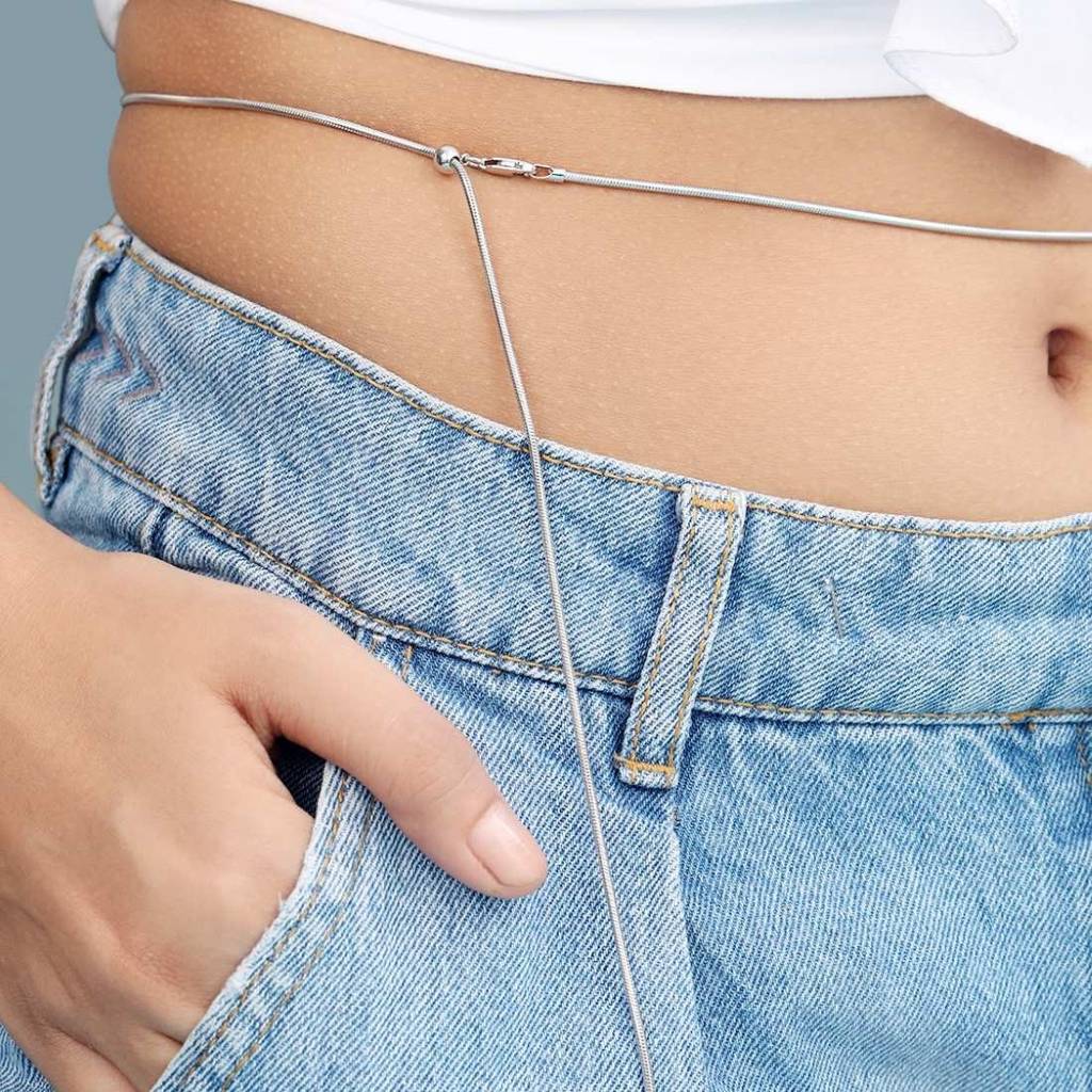 Minimal Rhodium Plated 925 Sterling Silver Snake Chain Sliding Waist Chain : WC-10010-R-36-INCH