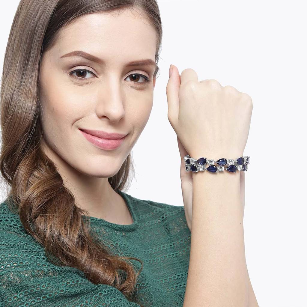 Blue Cubic Zirconia Silver Plated Studded Bracelet For Women Girls - Valentines Gift For Her : PX9B05S