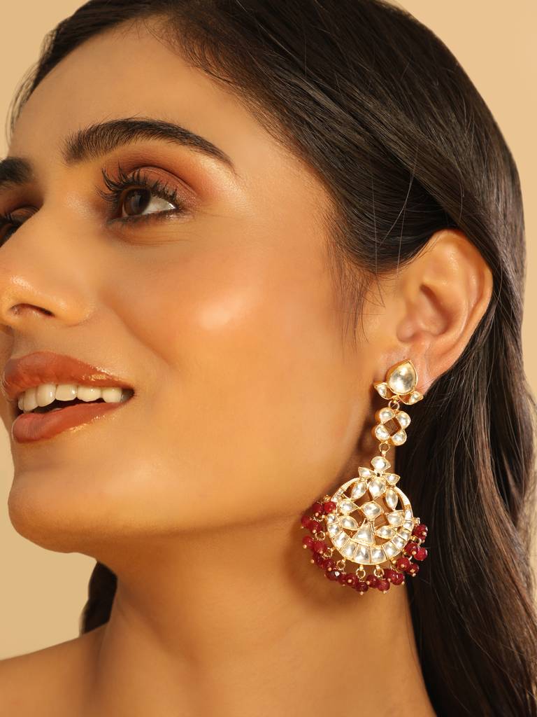 22K Gold Plated Serenoor Ruby Kundan Chandbali Earrings : YI24A0468E