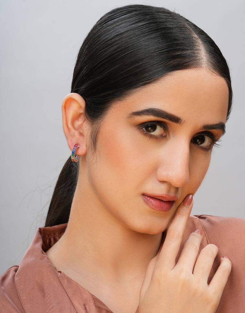 Trendy Multicolor Stone Studded Stylish Hoop Earring : ER-40030-R