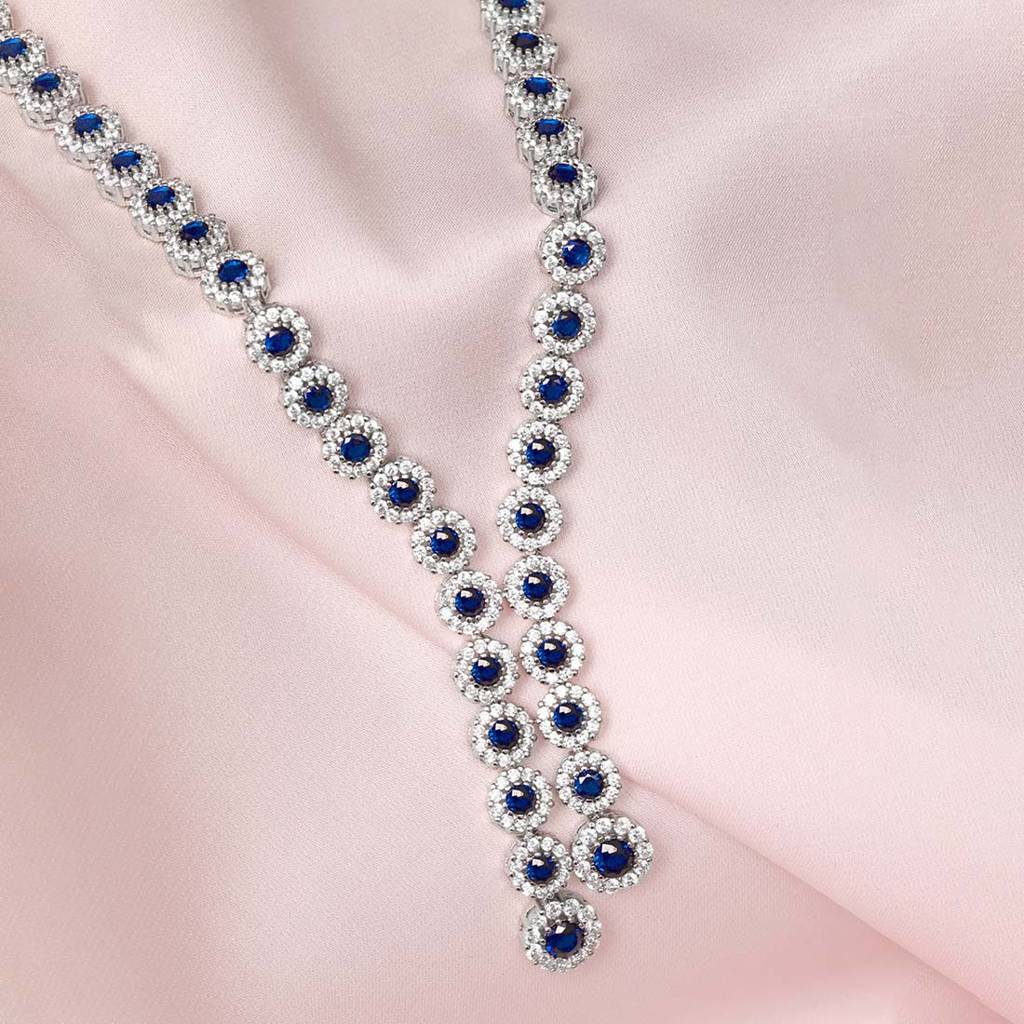 Dazzeling Blue Sapphire Rhodium Plated 925 Sterling Silver Necklace : NL-30344-R
