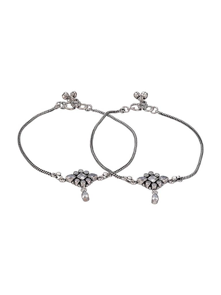 Silver Toned White Stones Geometric Charm Delicate Drop Detail Payal Anklet : SJPL2873