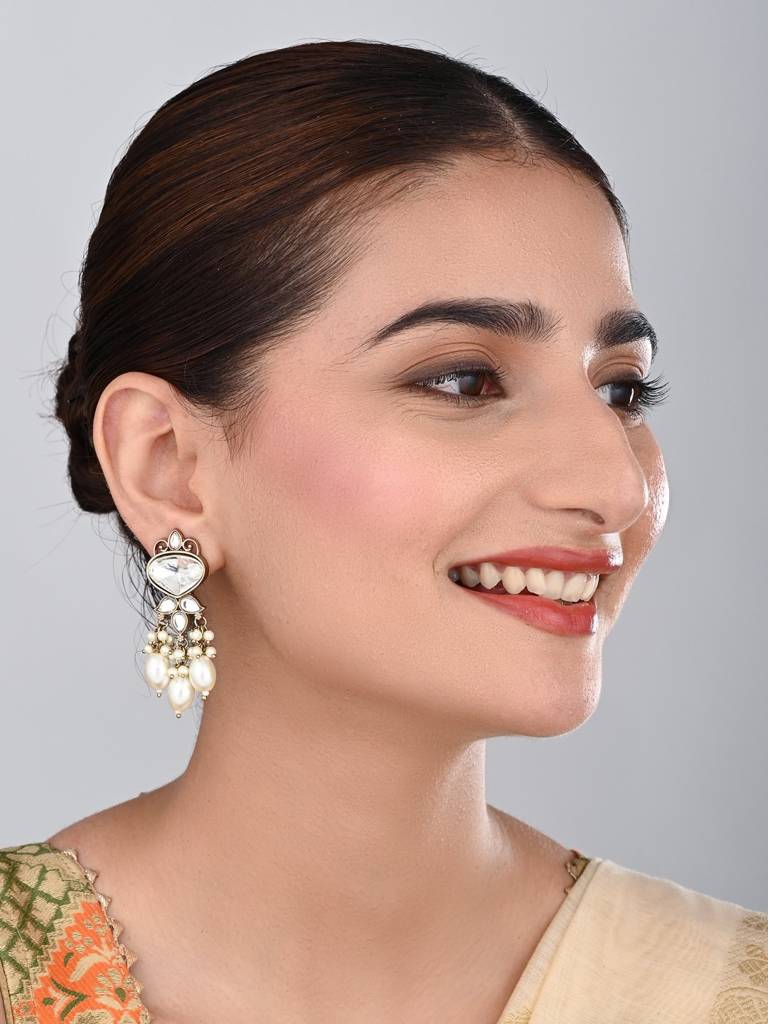 Gold Plated Kundan & Pearl Drop Earrings : S24FAER410WHT