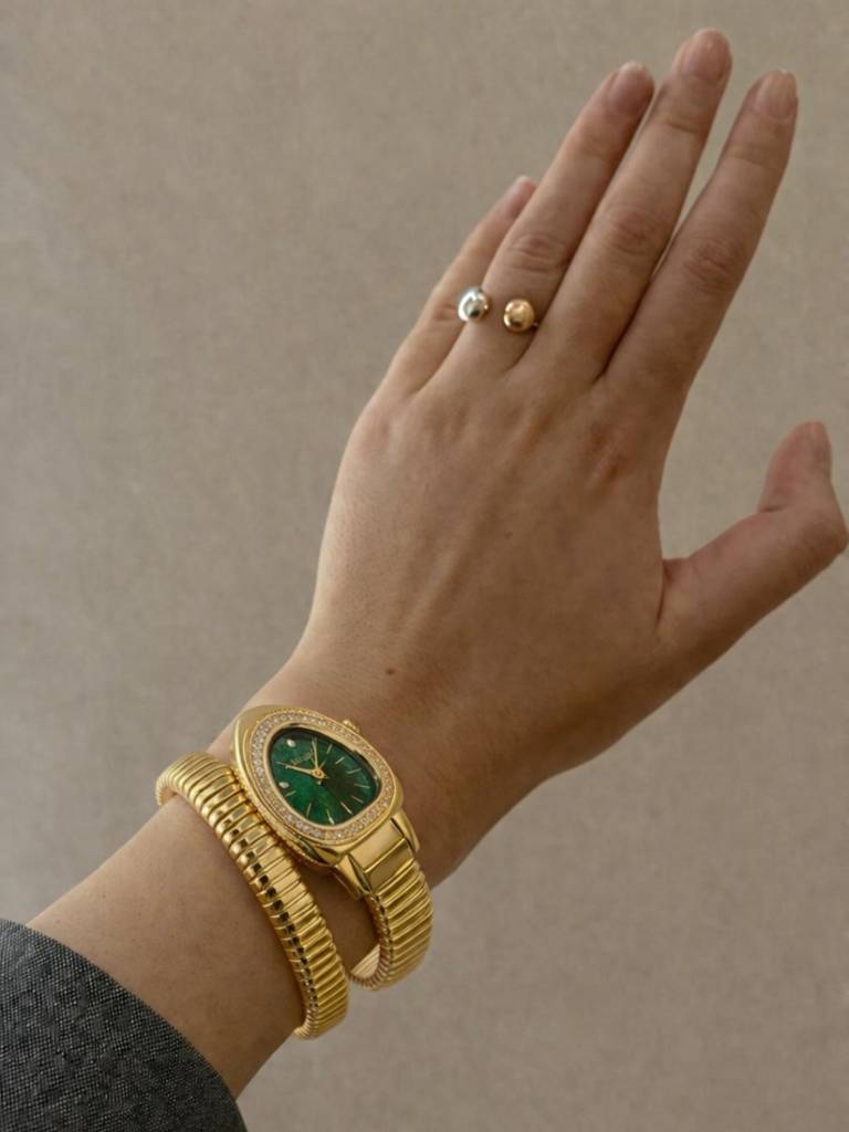 Emerald Dial Spiral Serpenti Gold Watch-Style Bracelet With Cz Stones : WA877EDSS