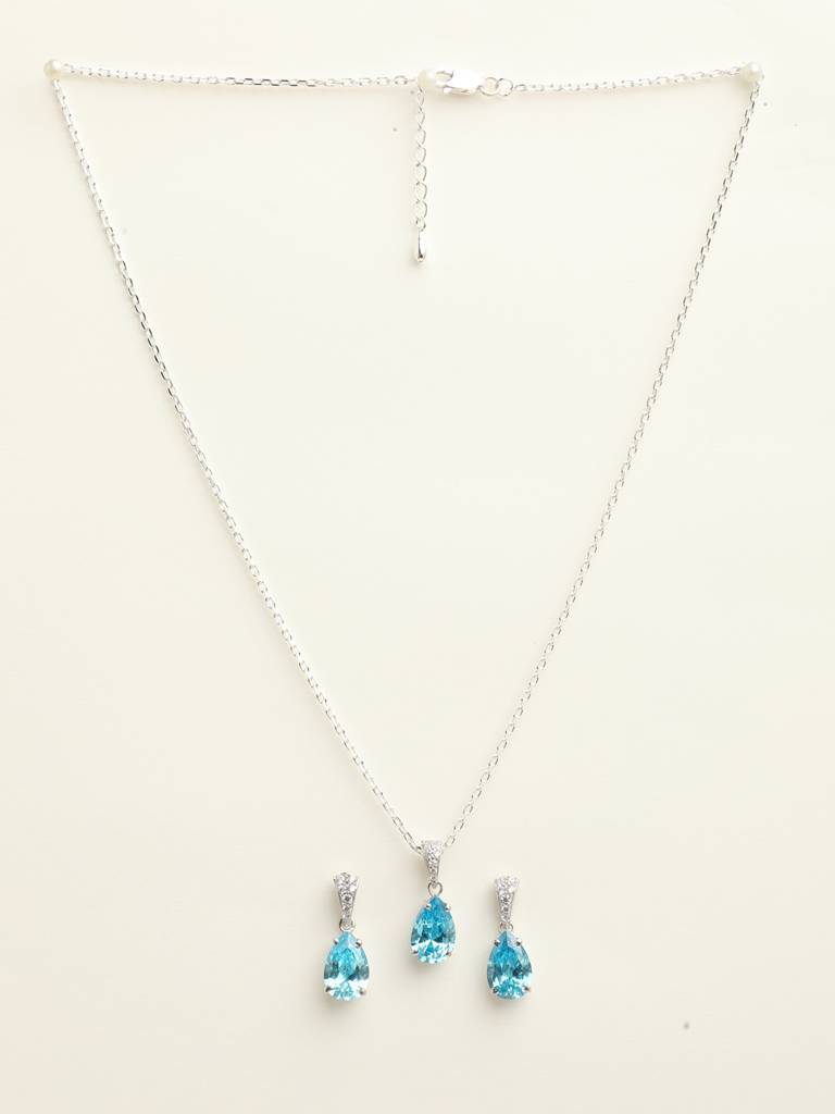 92.5 Sterling Silver Rhodium Plated Swiss Zirconia Sky Blue Tear Drop Pendant Earring Chain Jewellery Set Gif : CSCLRP4E4PR_BT