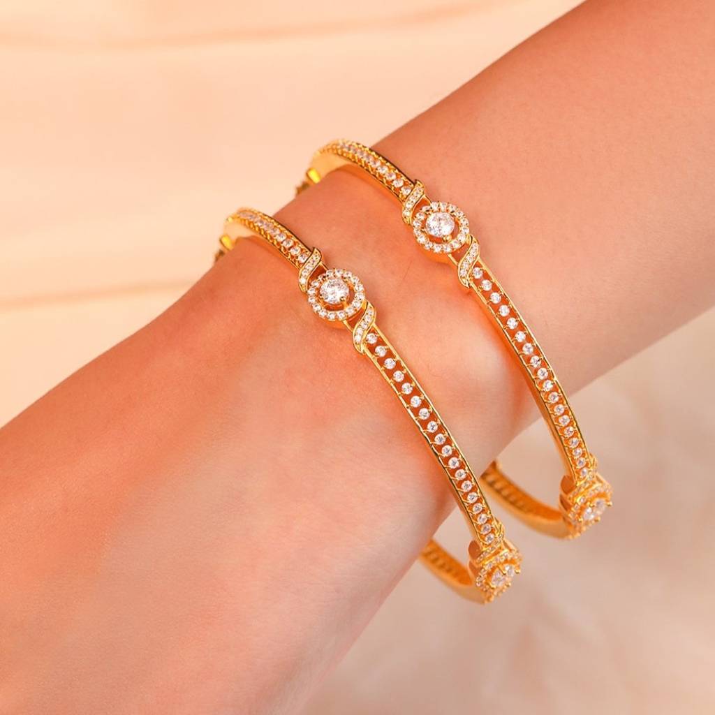 Golden Glamour Sparkling Gold-Plated Bangle In 925 Sterling Silver : BA-90006-PAIR-2-4