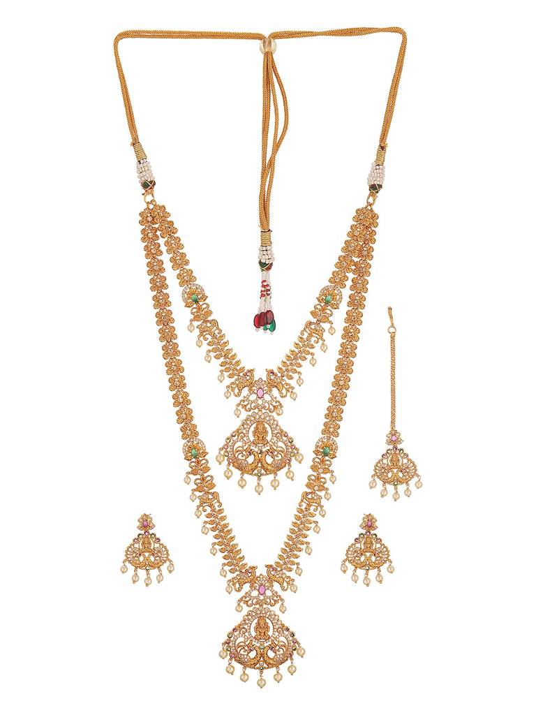Combo Gold Plated White Ad & Pearl Studded Temple  Lakshmiji Bridal  Jewellery Set : SJNK2972