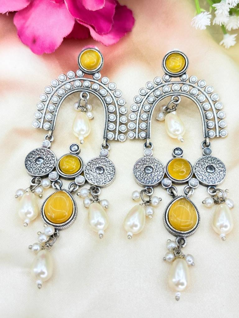Silver-Plated Contemporary Stone Studded & Beaded Oxidised Drop Earrings : VI24EROX100027
