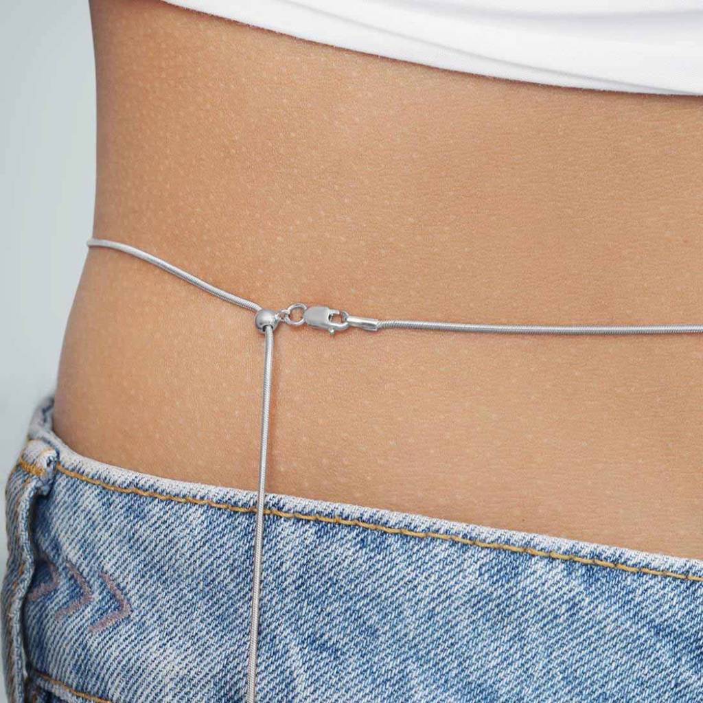 Snake Chain Rhodium Plated 925 Sterling Silver Waist Chain : WC-10009-R-36-INCH