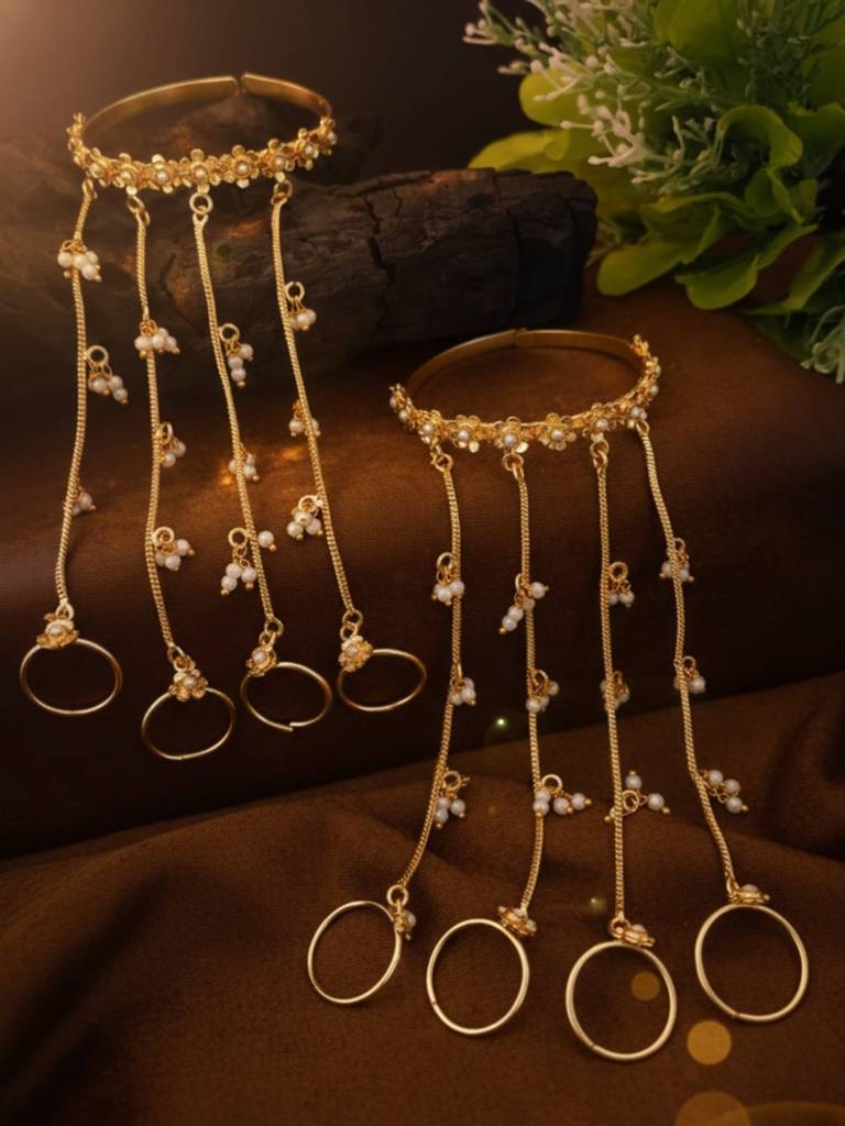 Women Set Of 2 Flower & Pearls Gold-Plated Multi Ring Ghungaroo Kashmiri Bracelet : VI26BC100044