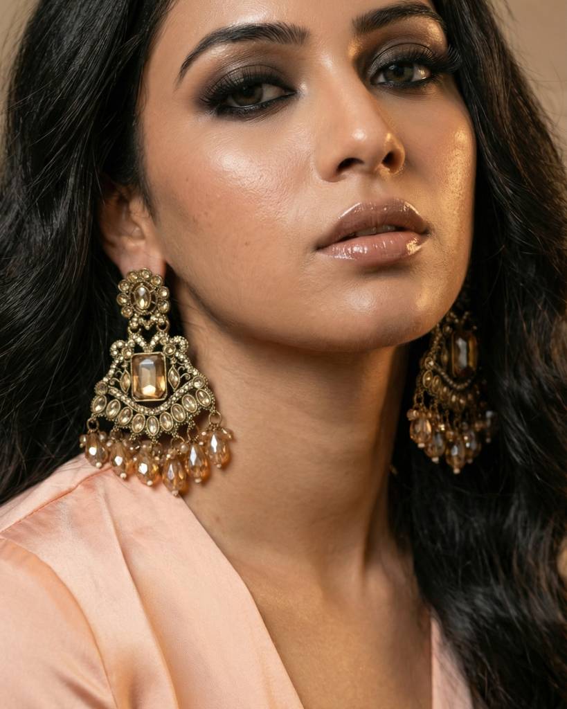 Gold - Plated Antique Gold Champagne Stone Long Earrings For Women : RJ122