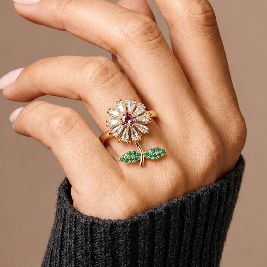 Pink Daisy Revolving Flower Crystal Adjustable Anti-Tarnish Ring For Women : JW-HSPS60MB1994