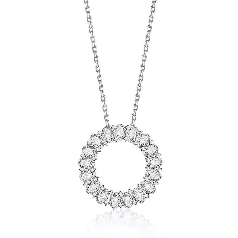 14K White Gold Plated Oval Cut Moissanite Circular Pendant Necklace : CJNK25