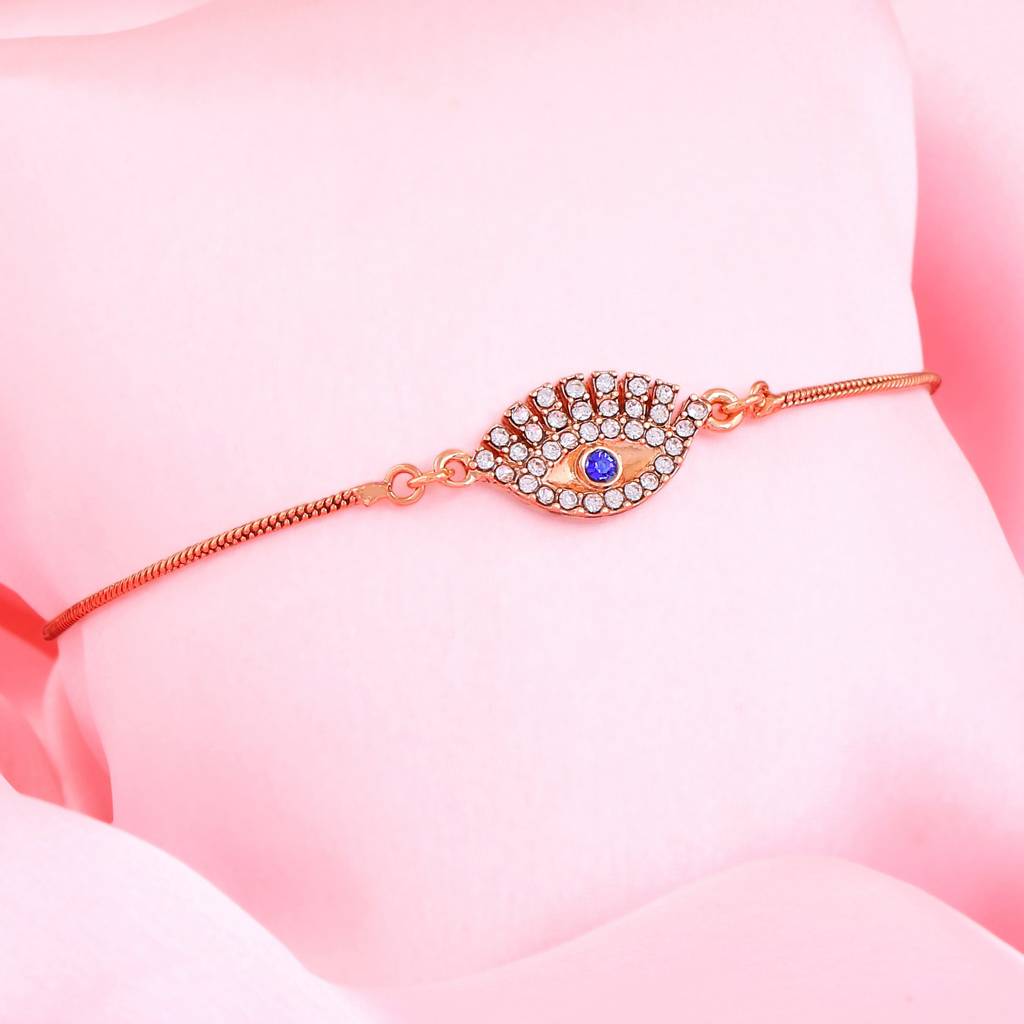 Estele Rose Gold Plated Evil Eye Designer Charm Bracelet With White Crystals For Women : 102093-RGBR