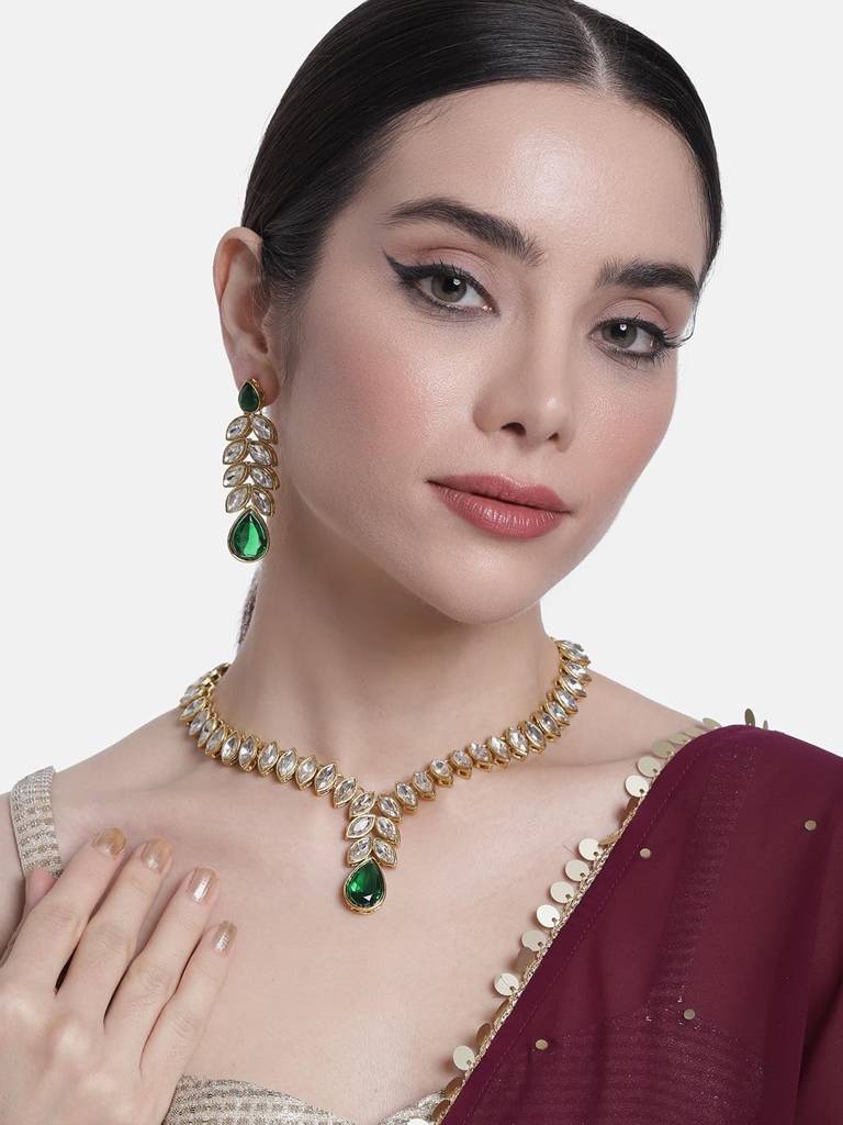 Peora Gold Plated Traditional Crystal Studded Long Necklace Earrings Jewellery Set For Women : PF24N15G