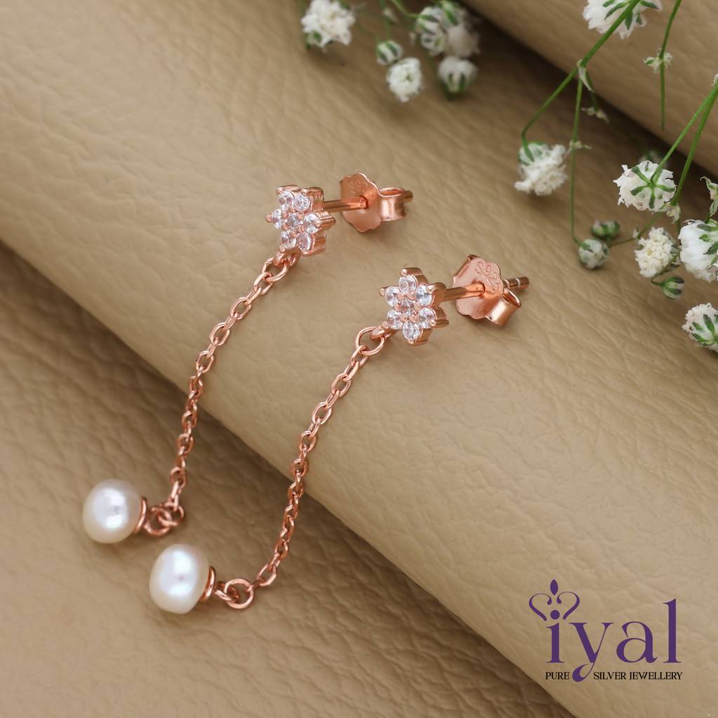 Flower Chain Rose Gold Polish Silver Earring : ED-11