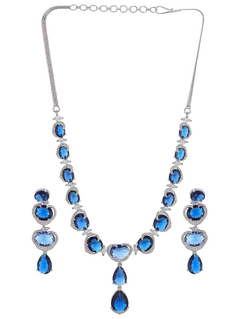 Silver Plated Sapphire Blue Ad Zircon Studded Designer Statement Cocktail Jewellery Set : SJNK2941