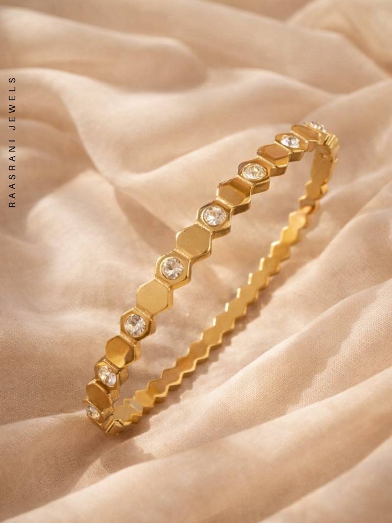 Bamboo Bangle & Hex Crystal Bracelet Duo – 18Kt Gold Plated Stainless Steel Combo Set : CBR015BBH