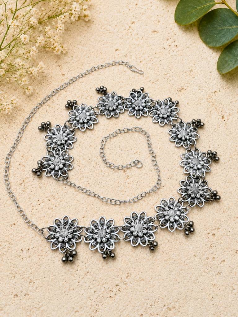 Women Oxidised Silver-Plated Floral Kamarbandh Waist Belt : VI26KB10005