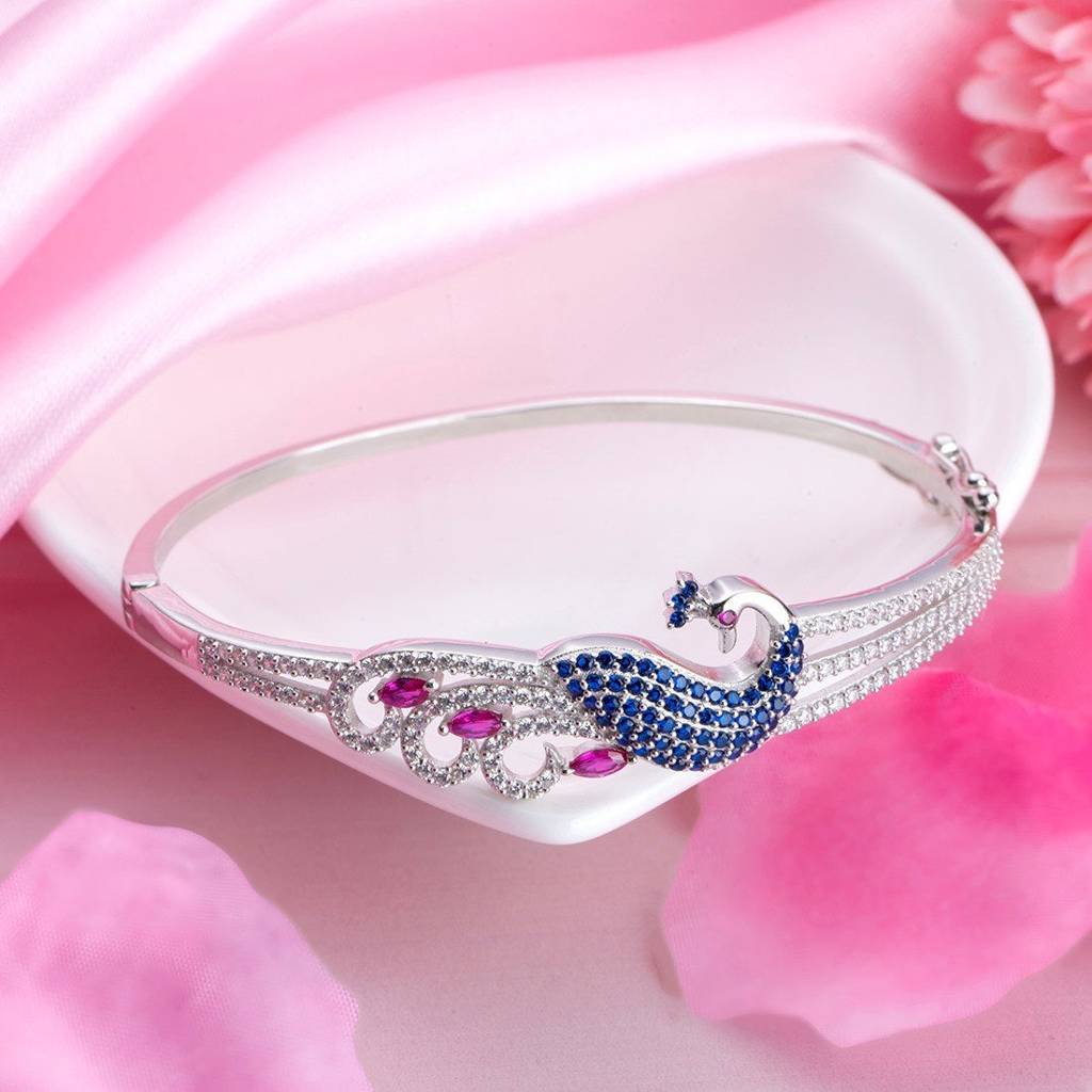 Regal Plumage Rhodium-Plated 925 Sterling Silver Peacock Bracelet : BR-80350-R