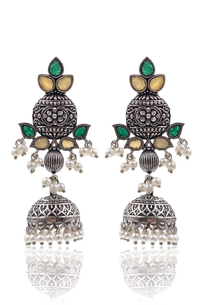 Oxidised Silver Aqua & Ruby Pearl Jhumkas : NA_ST_ER_231_2