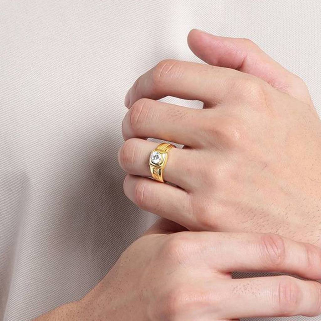 Majestic Solace 925 Sterling Silver Gold-Plated Solitaire Ring For Him (Adjustable) : M-RNG-40230-G