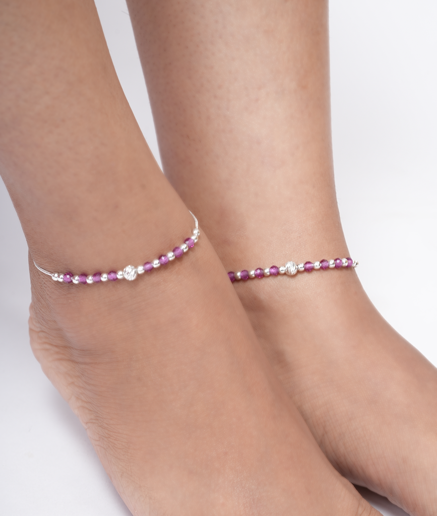 Sterling Silver Adjustable Anklet With Pink Crystal Beads & Centerpiece Charm : AK-10034-2-S