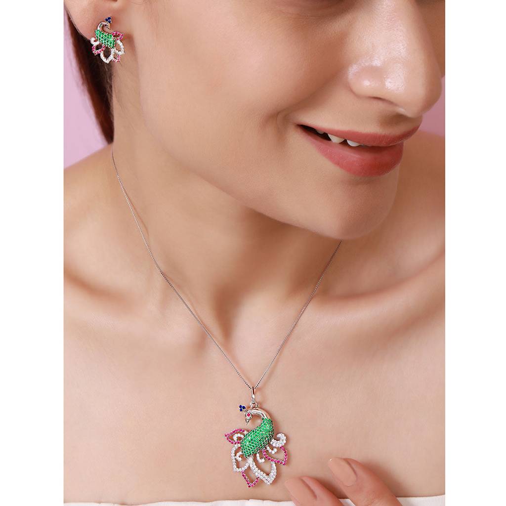 Exquisite Zavya 925 Silver Pendant With Peacock Style : PEN-30215-C-R