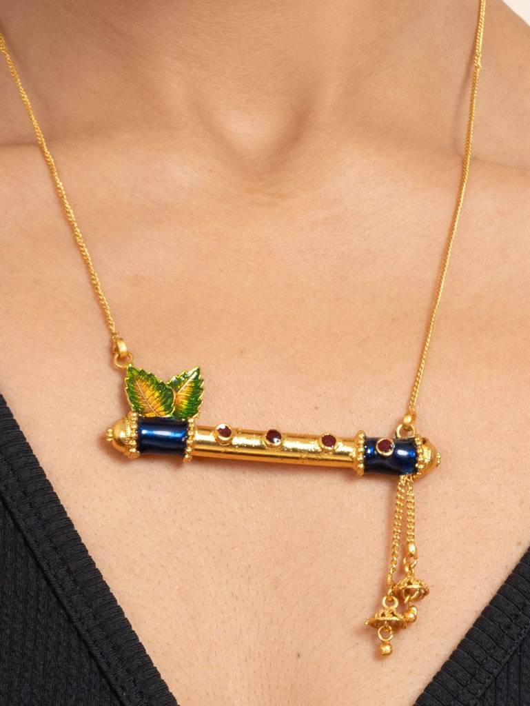 Gold Plated Meena Flute Pendant Necklace Set With Chain And Matching Earrings - Copper Jewelry Set : LAANP71