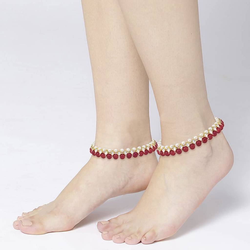 Peora Traditional Jewellery Gold Plated Kundan Faux Bead Fancy Anklet For Women : PF25AL599R