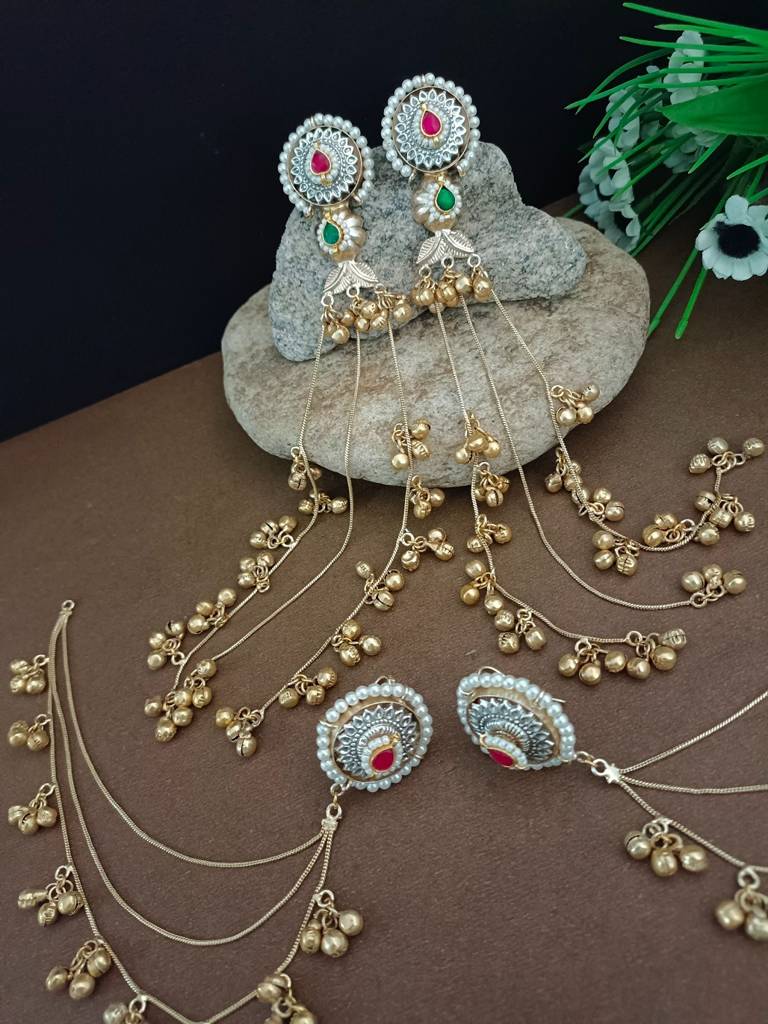 Brass-Plated Pachi Kundan Studded & Ghungroo Beaded Kashmiri Drop Earrings With Earchains : VS105330