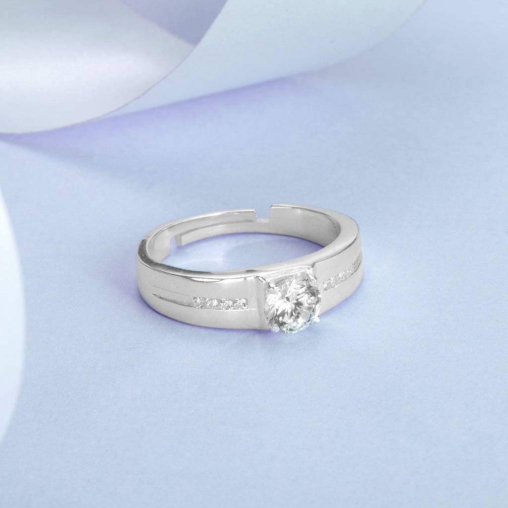 Cubic Ziconia Studded Solitaire 925 Sterling Silver Ring For Him (Adjustable) : RNG-40141