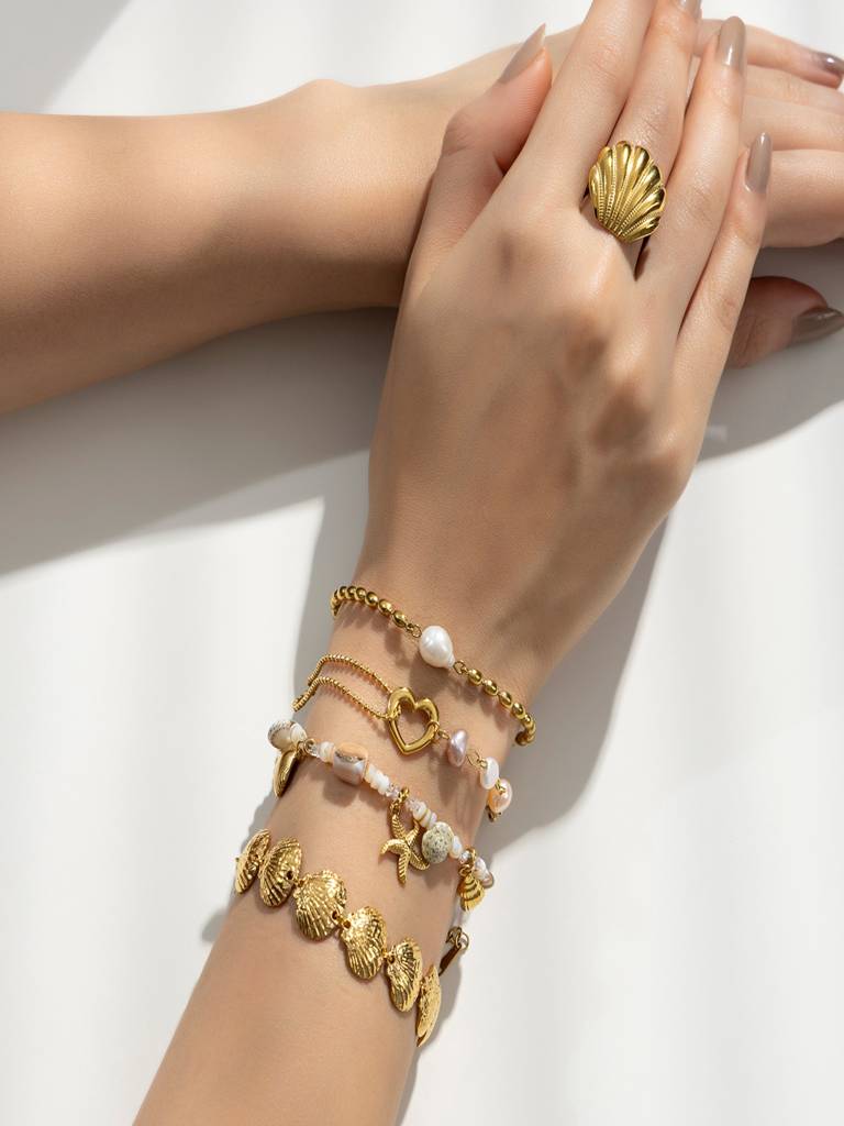 Starfish, Shell & Sea Charms Bracelet 18K Gold Plated Waterproof Anti-Tarnish : AHC0925B0213