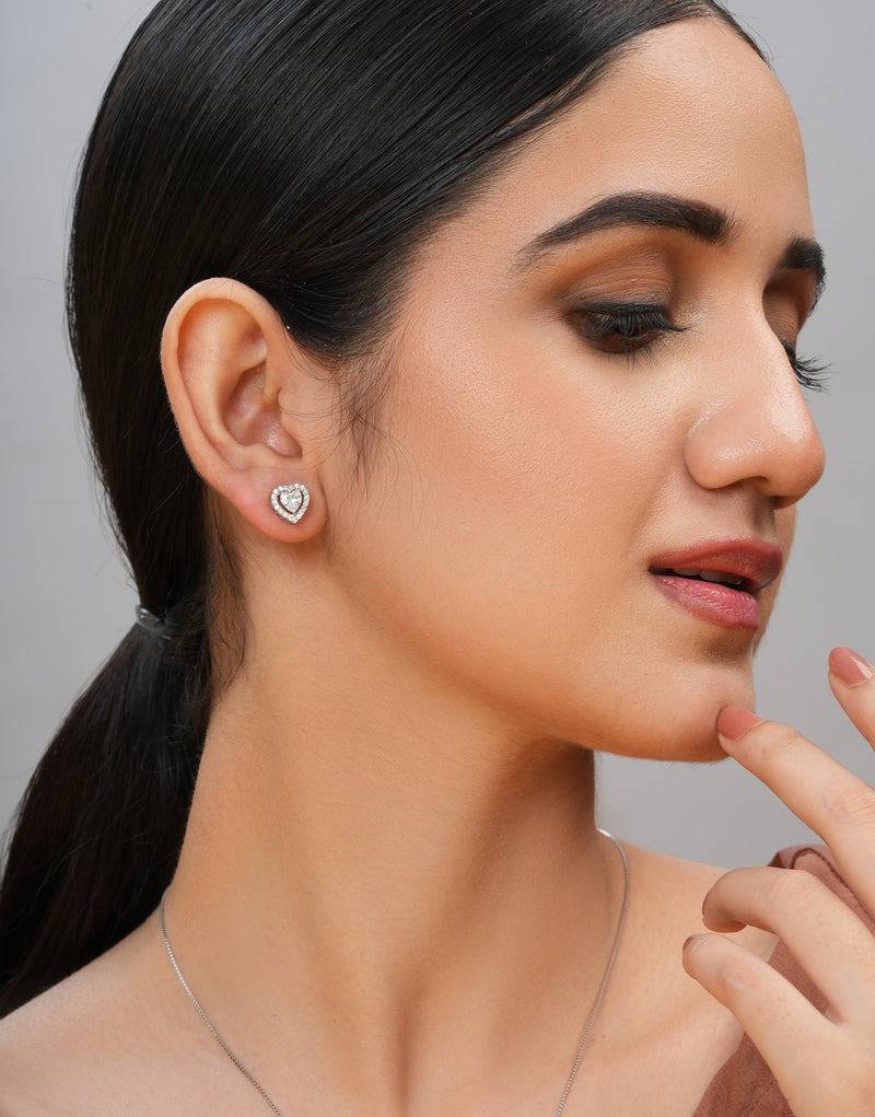 Heart Shaped Multiple Stone Sterling Silver Charm & Stud Earrings Set With Cubic Zirconia : JS-10001-R