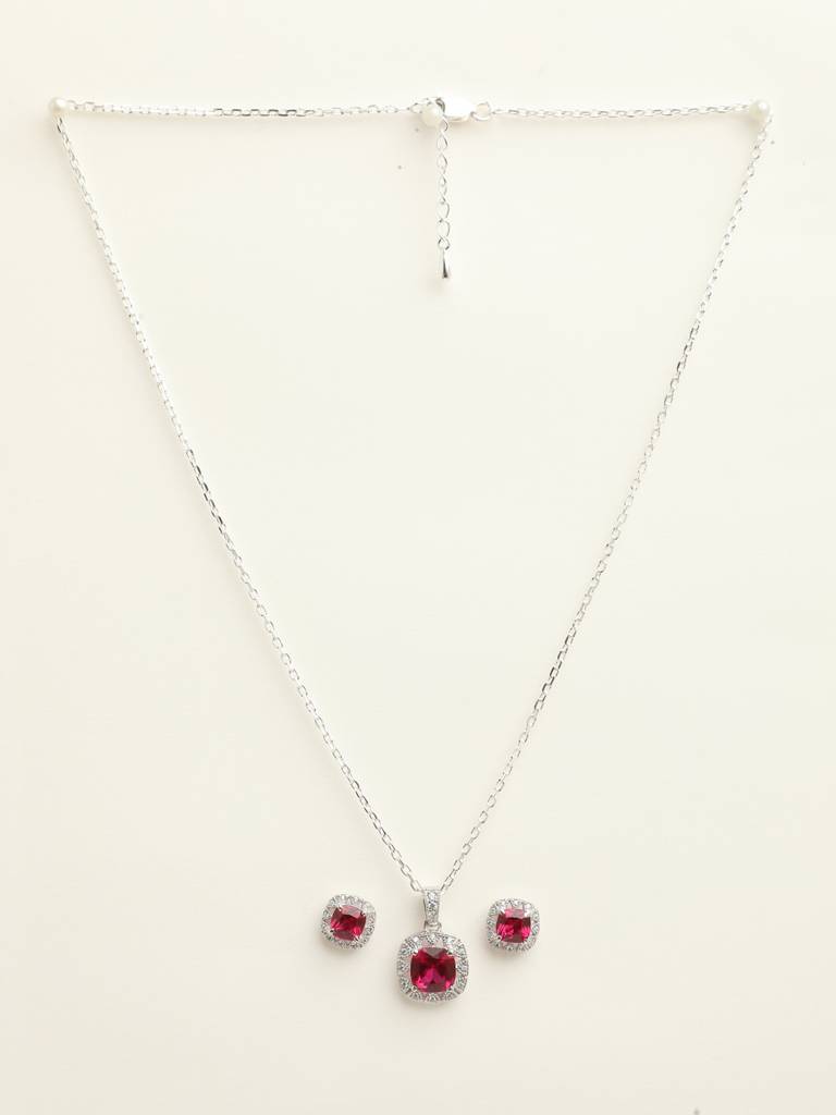 92.5 Sterling Silver Rhodium Plated Swiss Zirconia Blood Red Cushion Pendant Earring Chain Jewellery Set Gift : CSCLRP2E2CU_RU