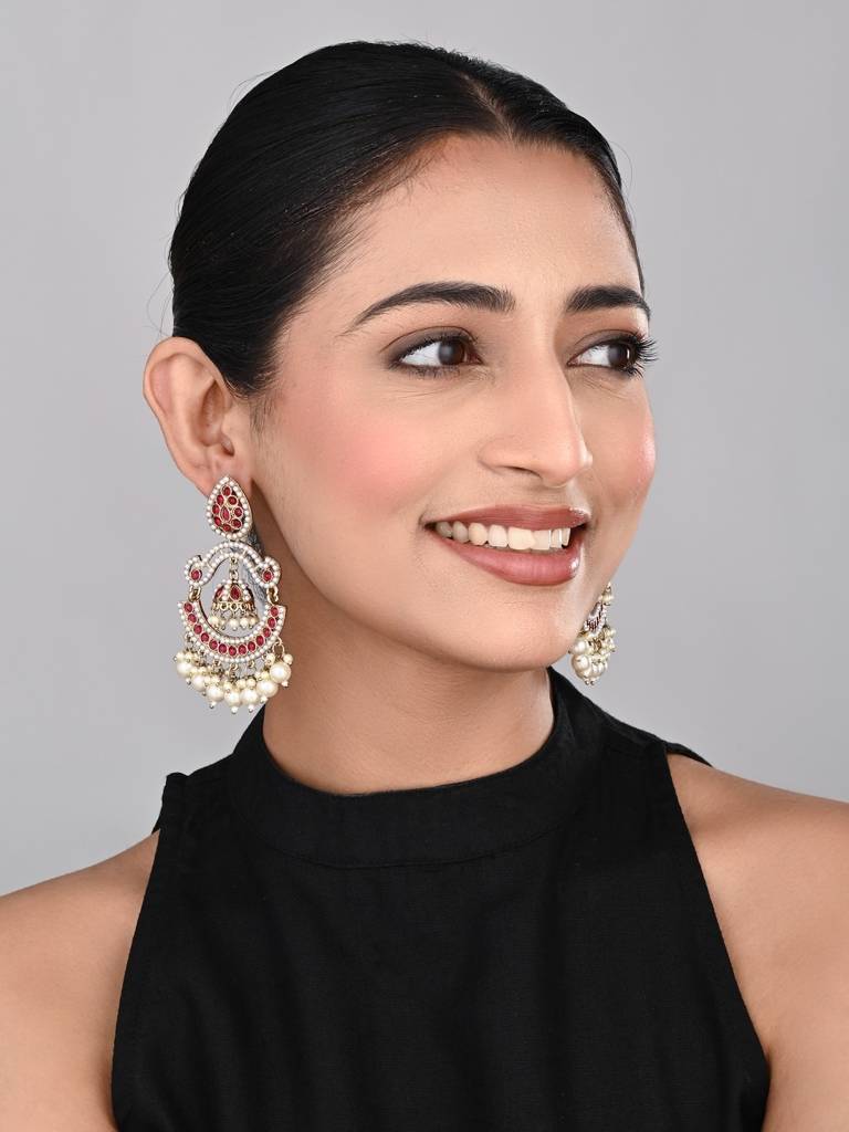 Gold Plated Stone & Beads Chandbali Earring : S24KCER438RED