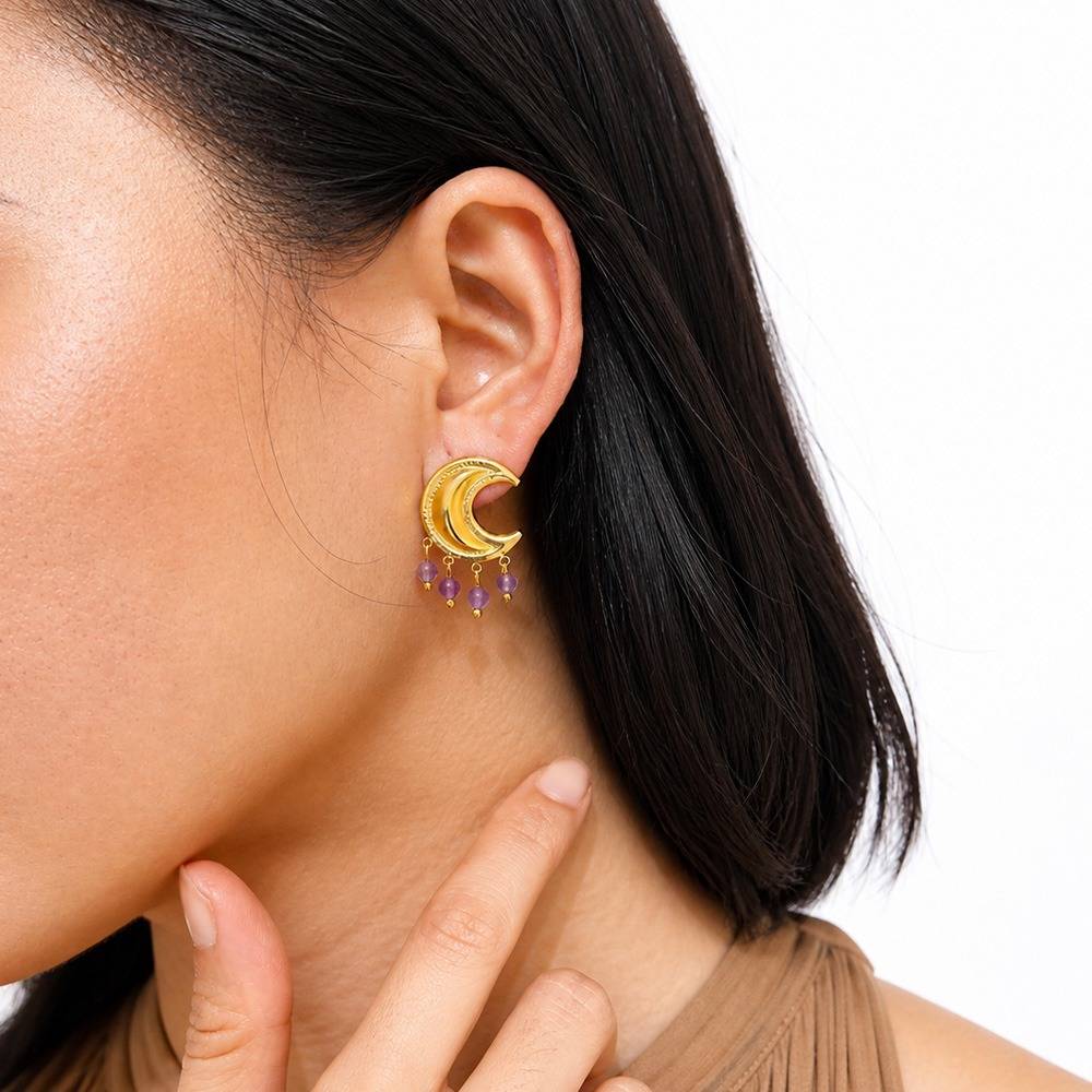 Women 18K Gold-Plated Crescent Moon Drop Earrings With Purple Beads : 101169