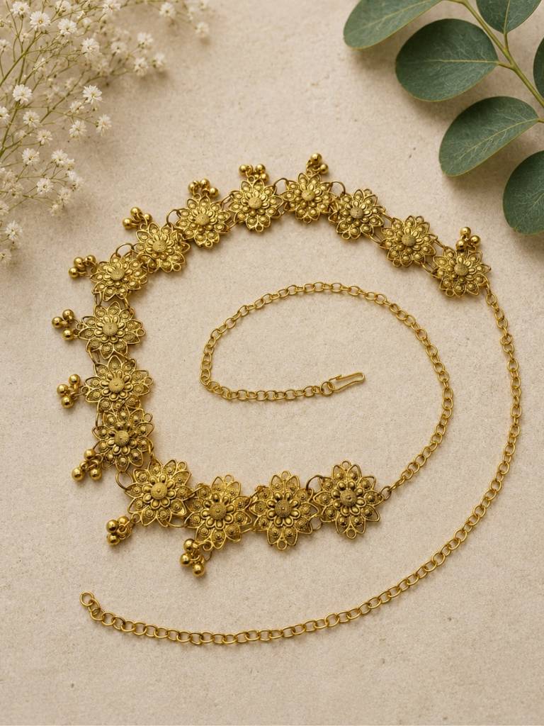 Women Gold-Plated Floral Antique Waist Belt Kamarbandh : VI26KB10003