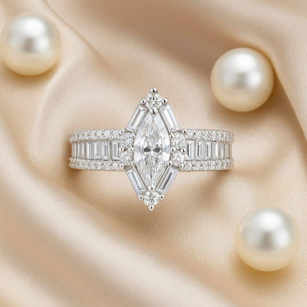 Marquise Diamond Silver Ring : R065-WH-D-12