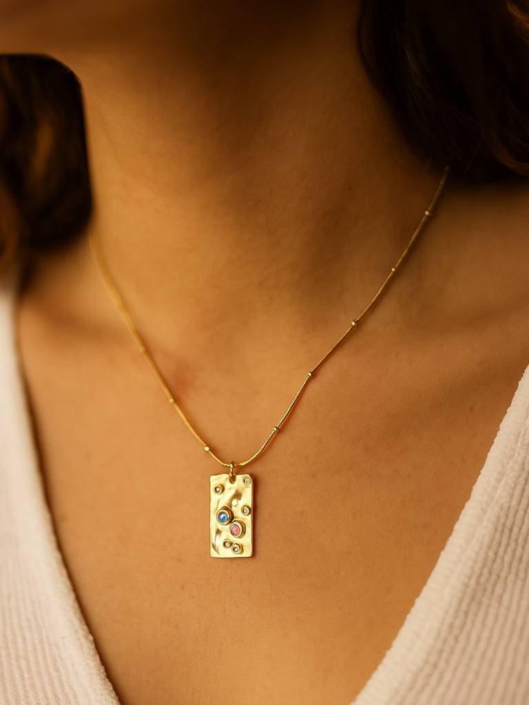 Gold Bar Pendant Chain Â Multicolor Cz Stones, Gold Plated Stainless Steel, Adjustable Length : ATC551GBMC