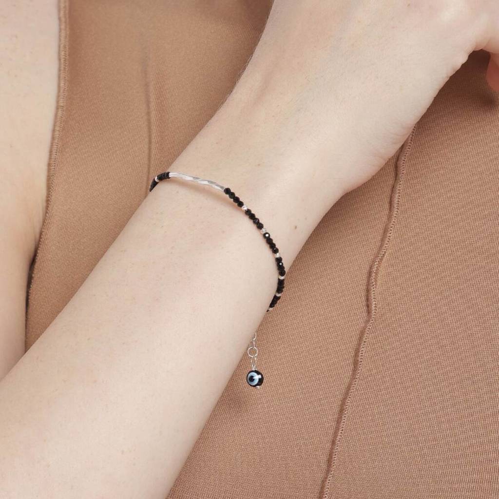Evil Eye Charms 925 Sterling Silver Rhodium-Plated Bracelet With Beads : BR-80221-R