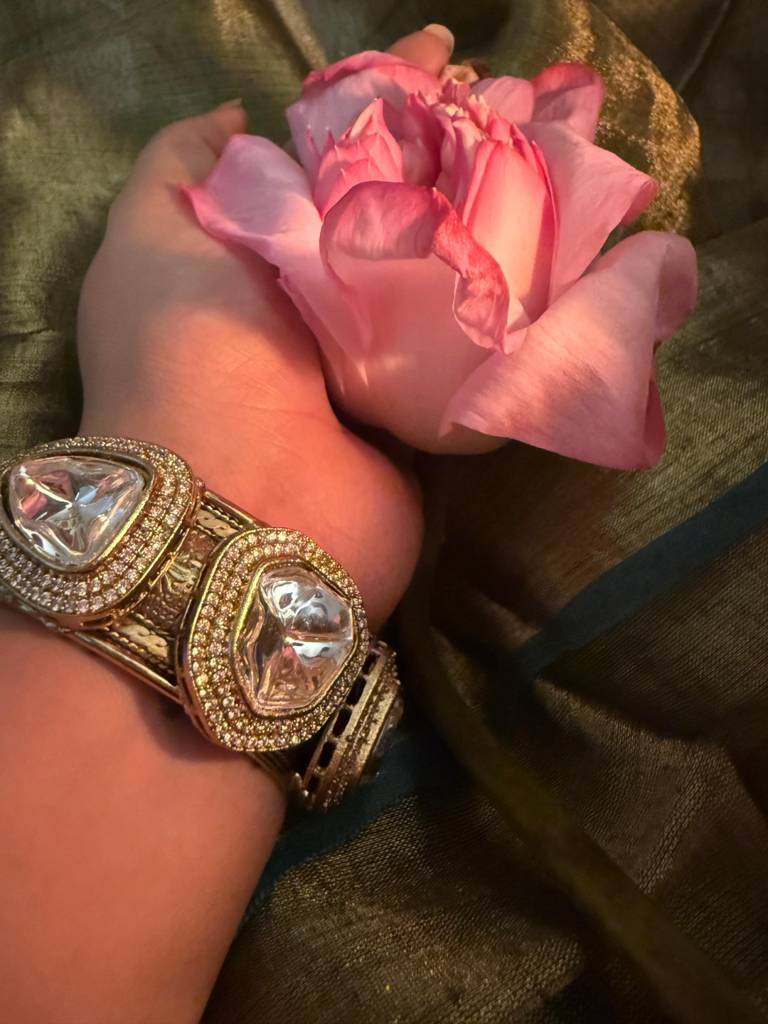 Golden Moissanite Cuff Bracelet | Openable Adjustable Gold Kada Bangle : AFB416GMC