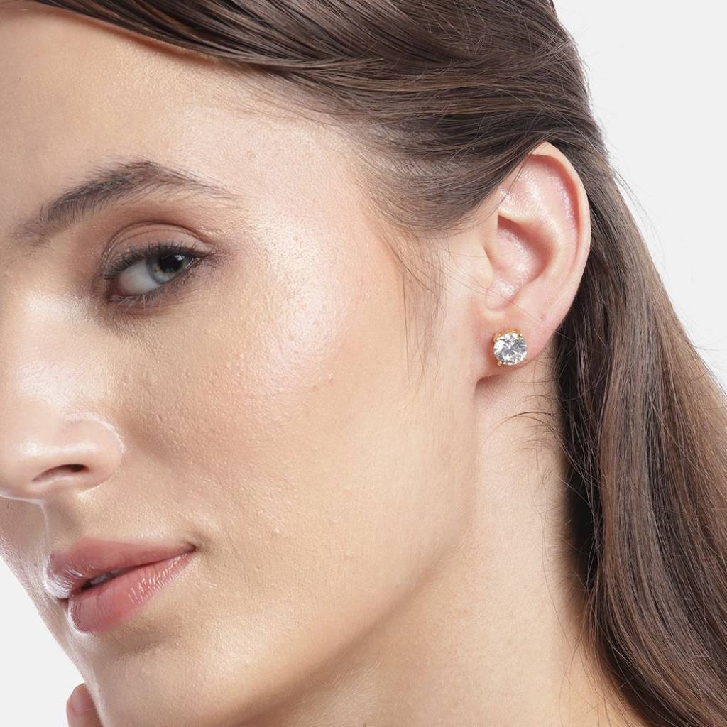 Dazzling Solitude Gold-Plated 925 Sterling Silver Stud Earrings : EAR-20047-G