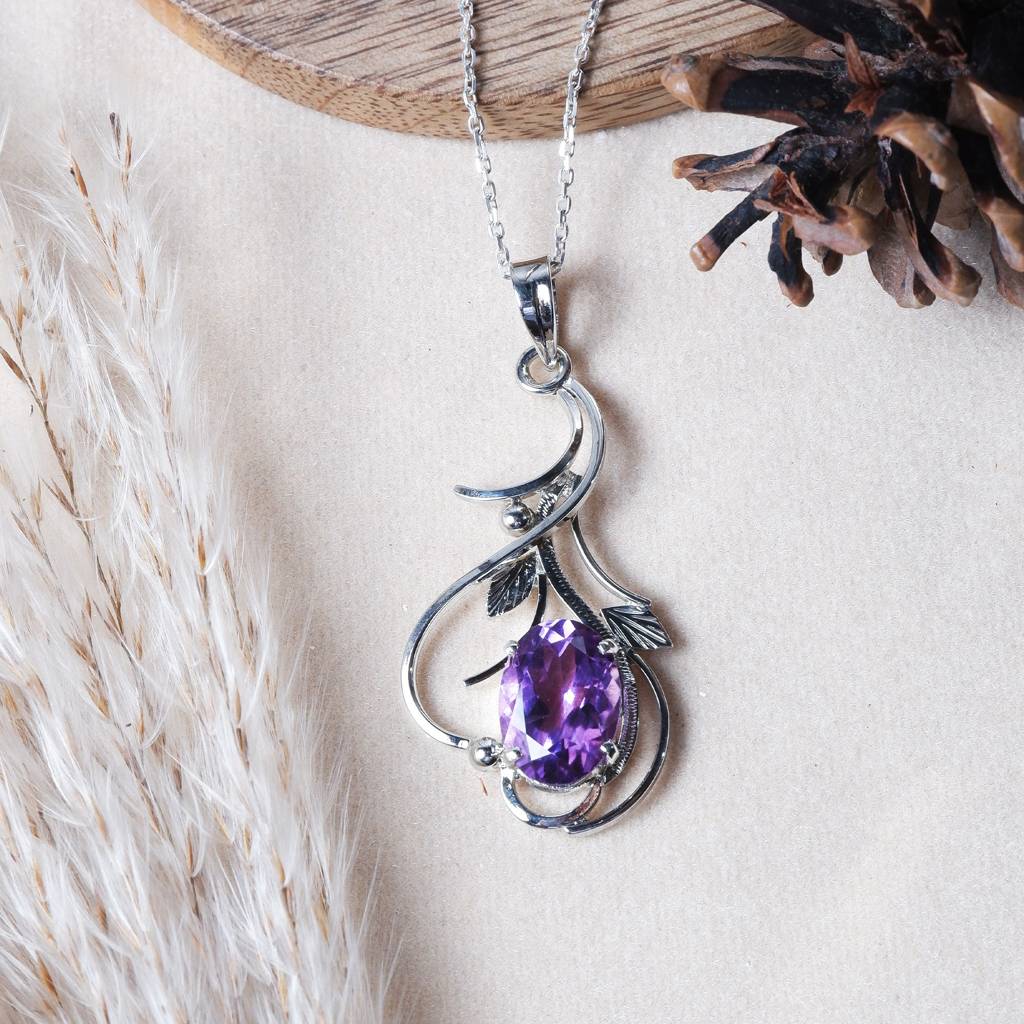 925 Sterling Silver Amethyst Pendant With Chain For Women | Gemstone Pendant | Handmade Silver Jewelry | Elegant D : FU-1260-C